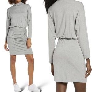 FRAICHE Rayon Blend Grey Rusched Front Turtle Neck Long Sleeve Dress MADE IN USA